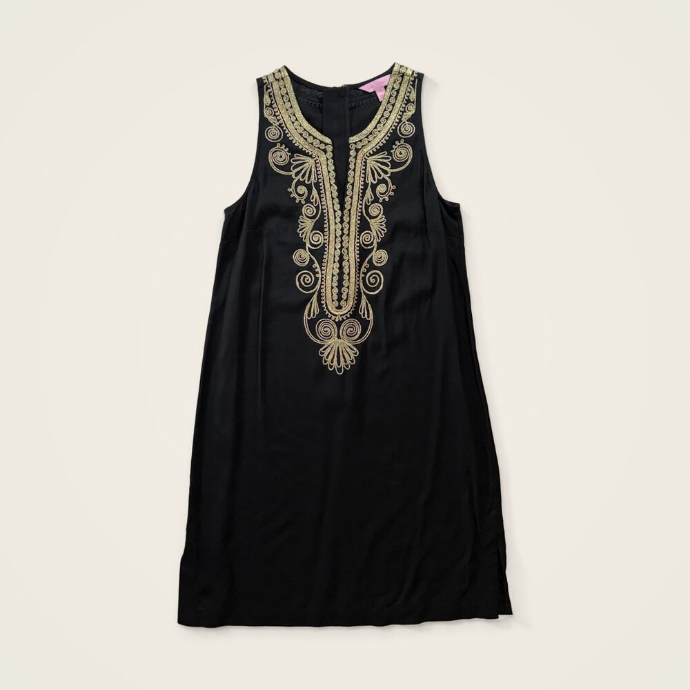 Lilly Pulitzer Black Gold Embroidered Shift Dress Sleeveless Holiday Size 2